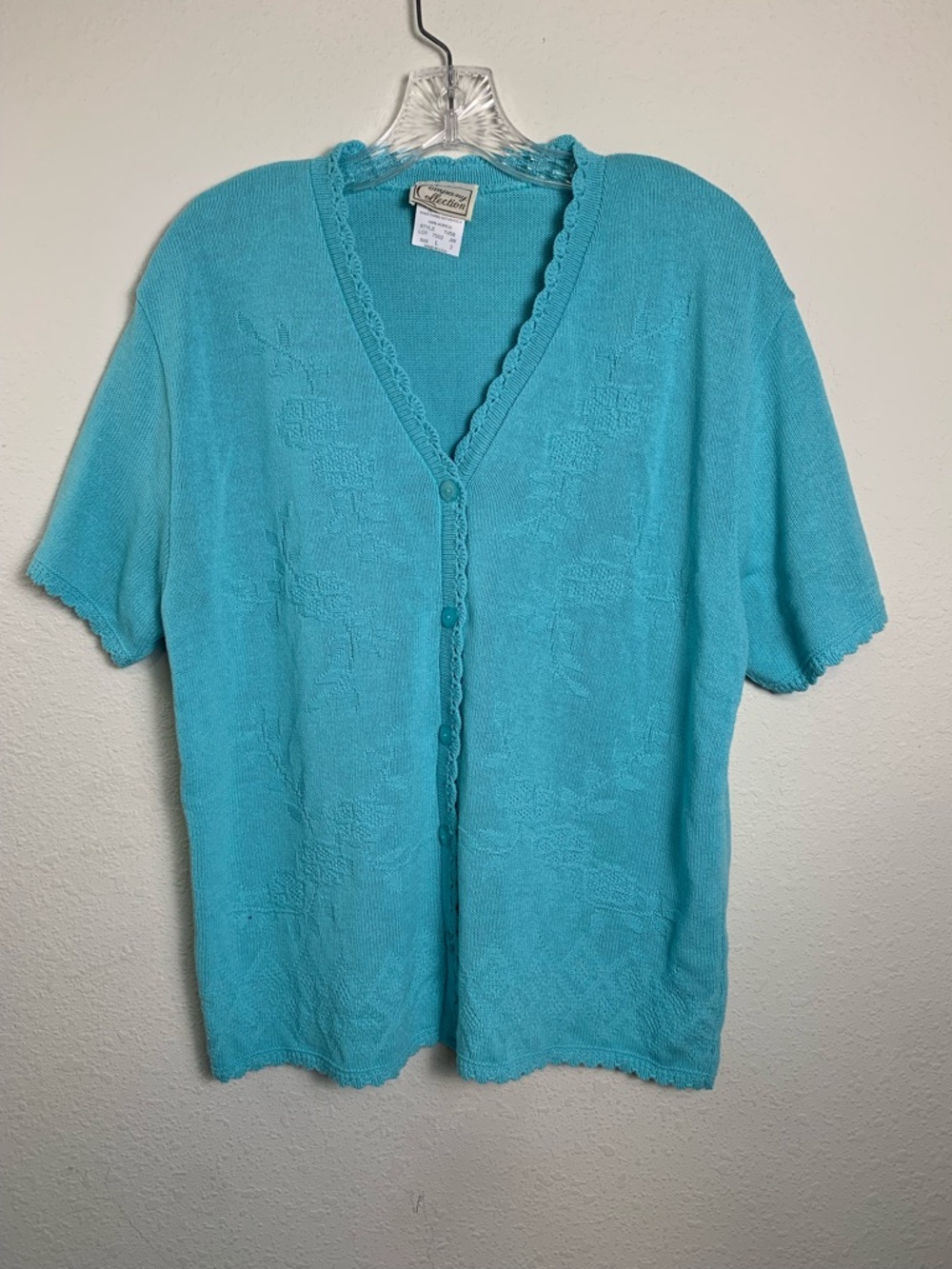 Company Collection Turquoise Knit Short Sleeve Cardigan Size Large Grandma